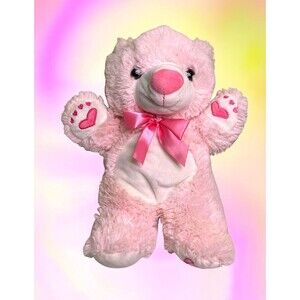 KellyToy PINK HUG BEAR 14" Plush White Tummy Muzzle Pads Pink Heart on Foot Bow